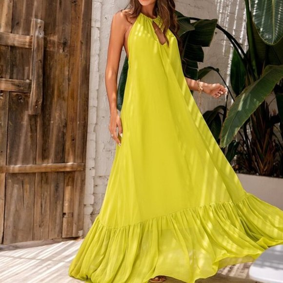 Tie Backless Halter maxi Dress lime - Picture 5 of 9